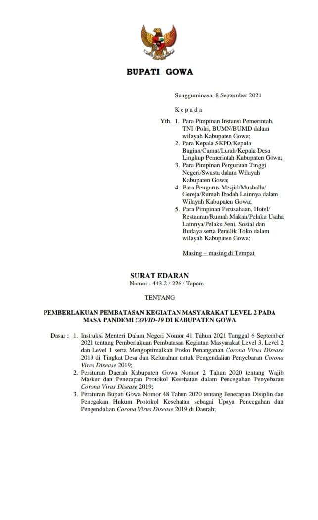 Kembali Diperpanjang, PPKM Kabupaten Gowa Turun ke Level Dua